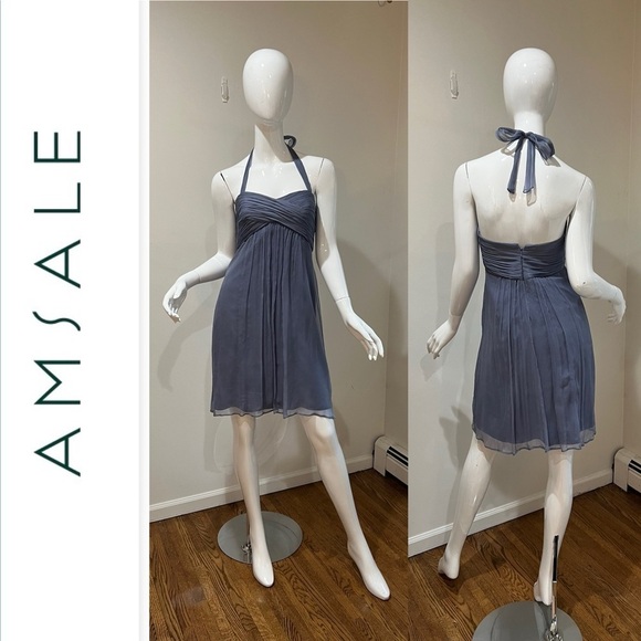 AMSALE Silk Bow Tie Chiffon Mini Dress - Picture 1 of 5